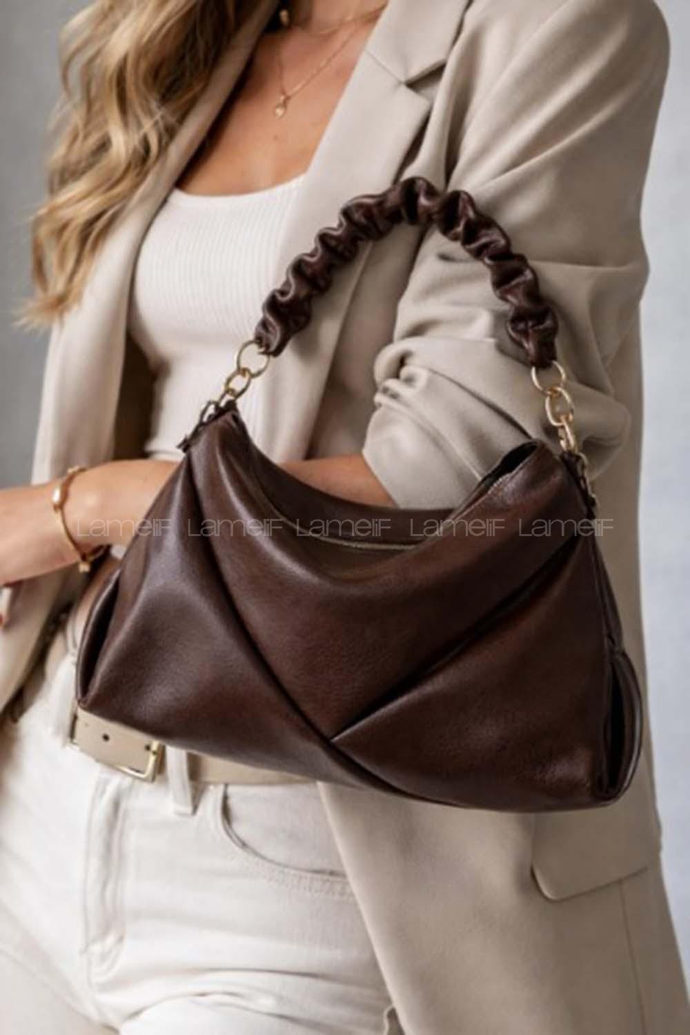 Lamelif Büzgülü Çift Askılı Kadın Omuz Çantası Acı Kahve