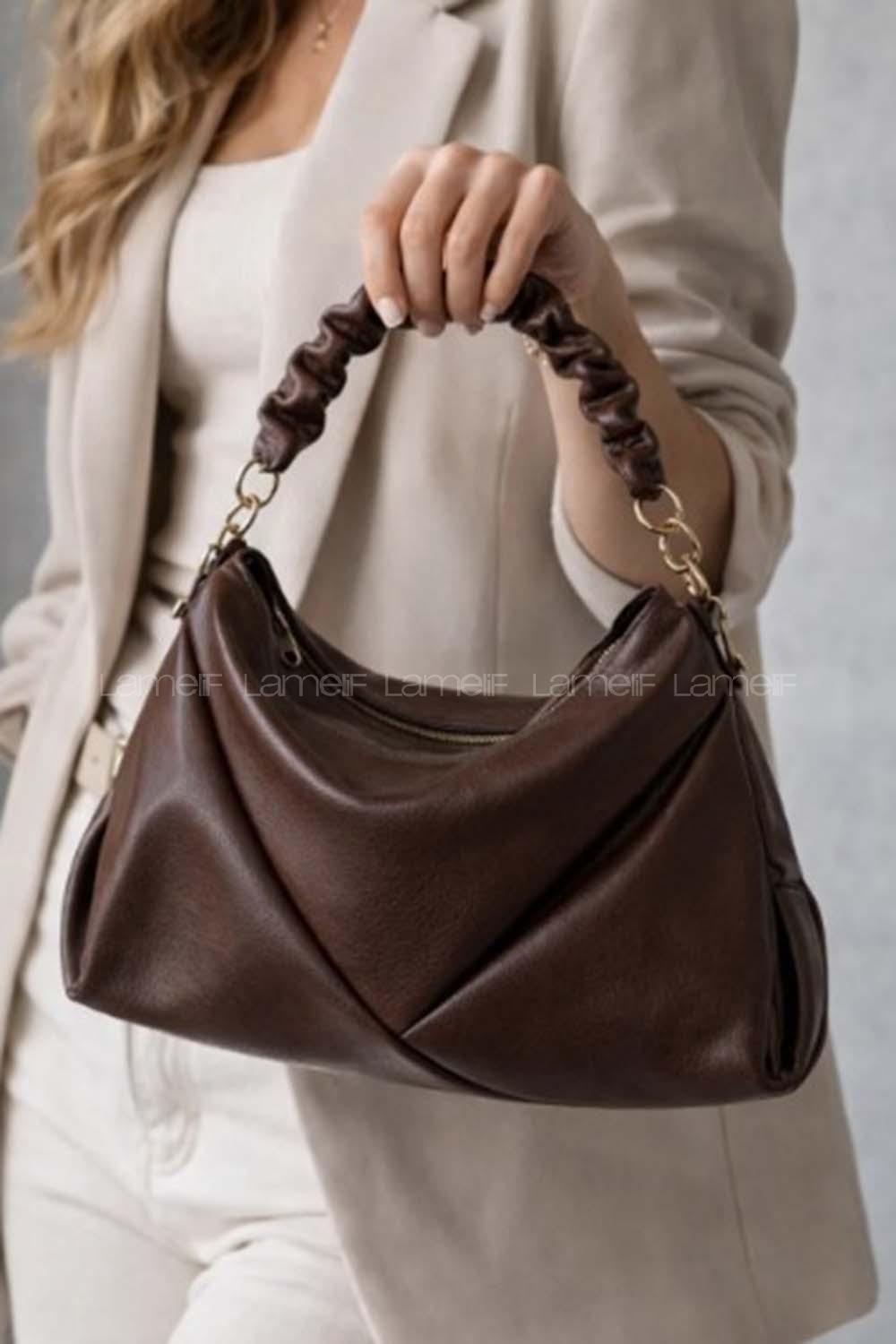 Lamelif Büzgülü Çift Askılı Kadın Omuz Çantası Acı Kahve