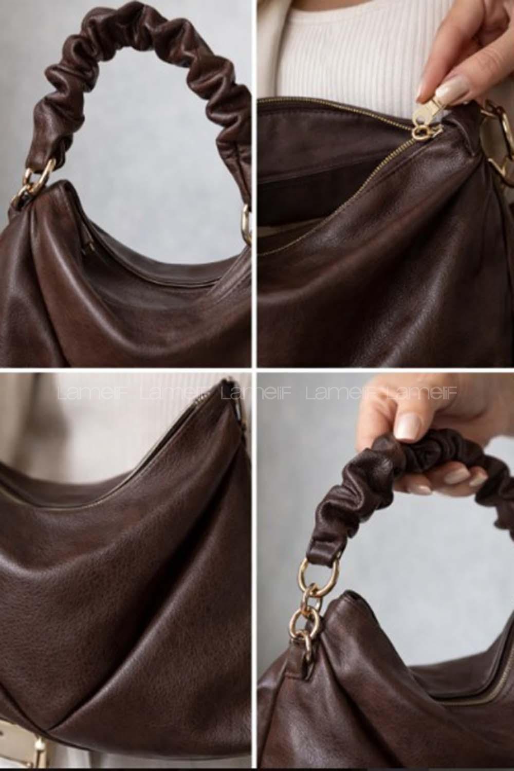 Lamelif Büzgülü Çift Askılı Kadın Omuz Çantası Acı Kahve