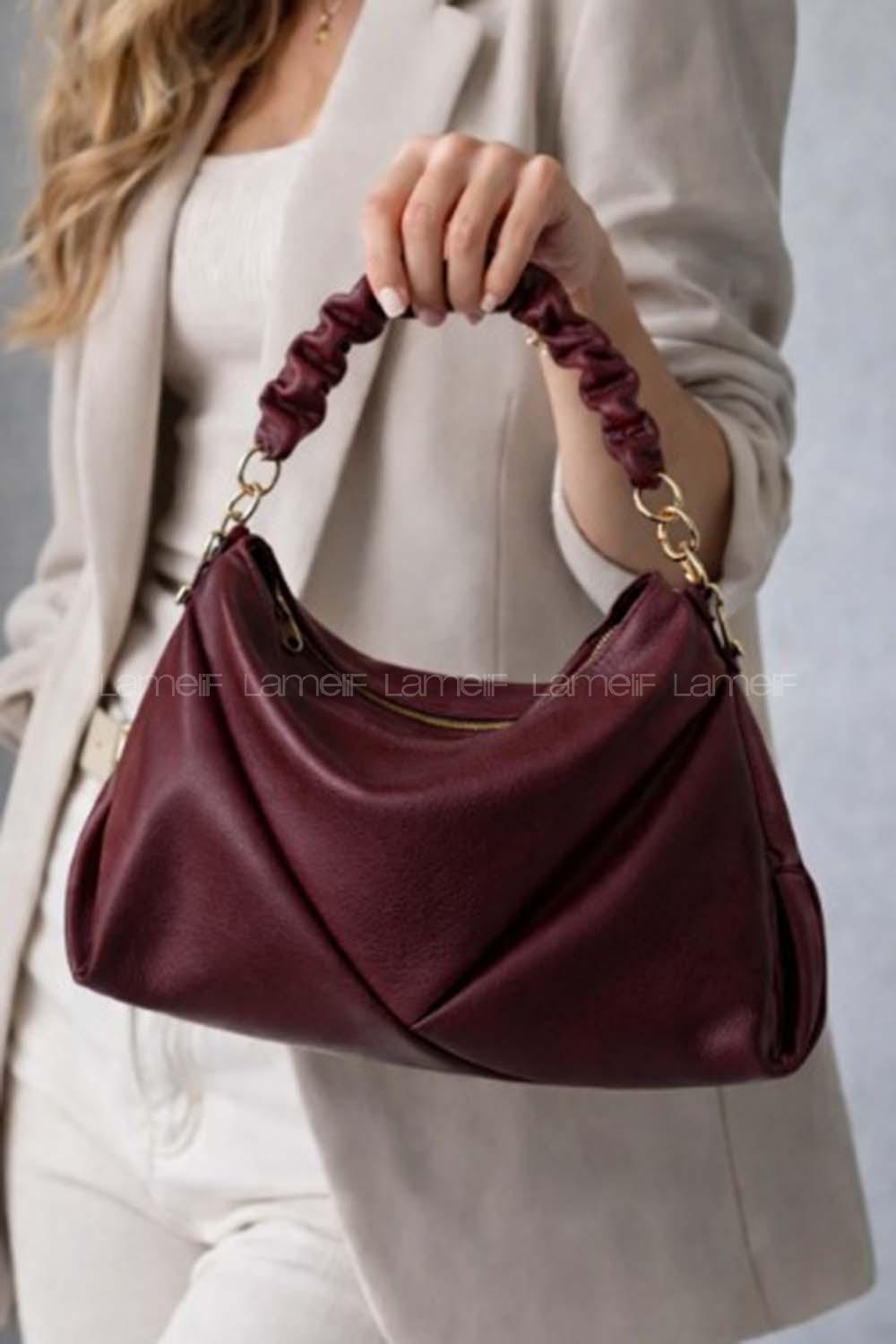 Lamelif Büzgülü Çift Askılı Kadın Omuz Çantası Bordo