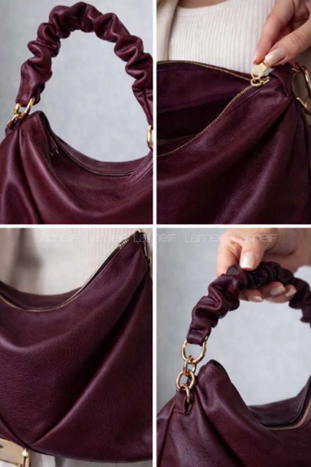 Lamelif Büzgülü Çift Askılı Kadın Omuz Çantası Bordo