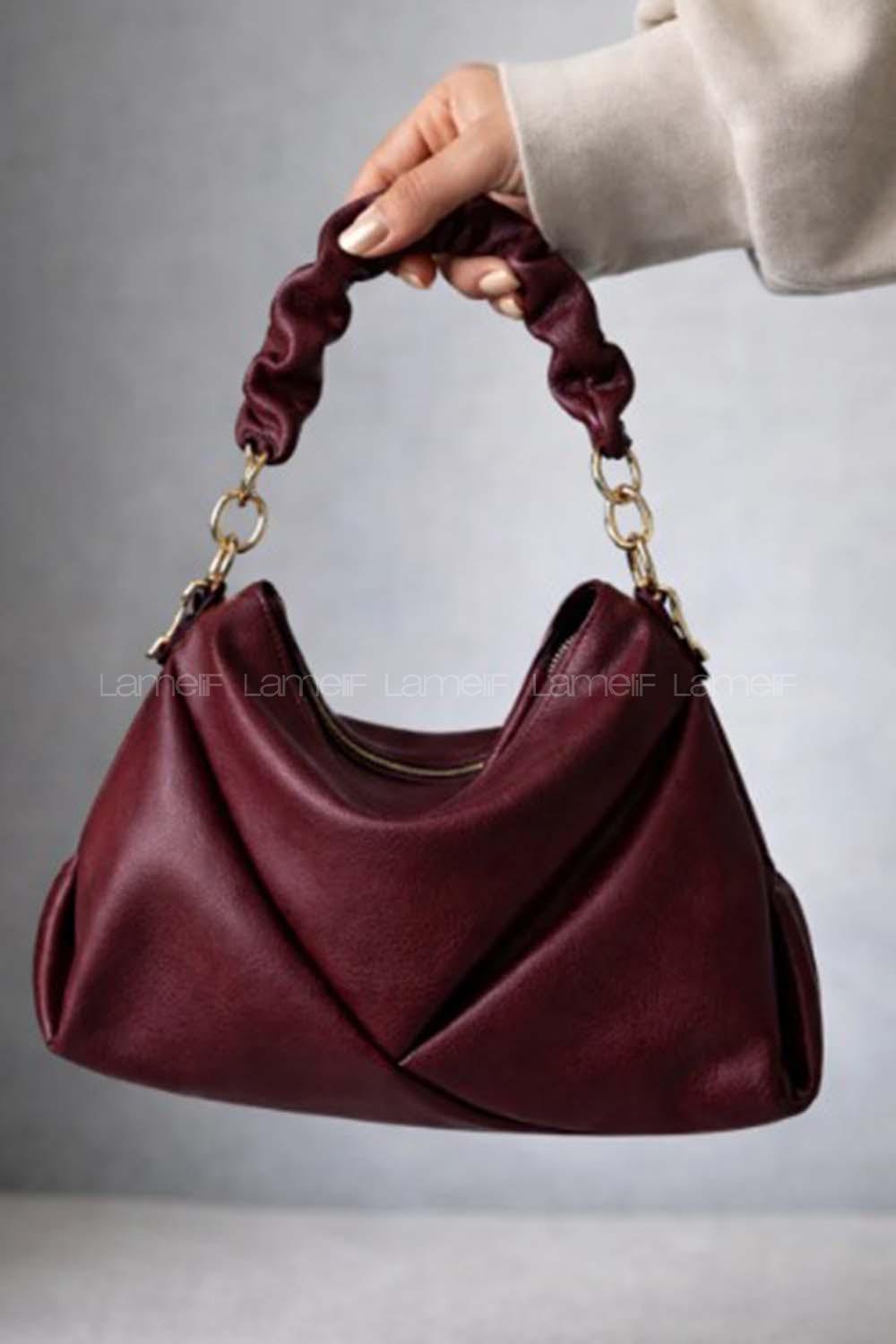 Lamelif Büzgülü Çift Askılı Kadın Omuz Çantası Bordo