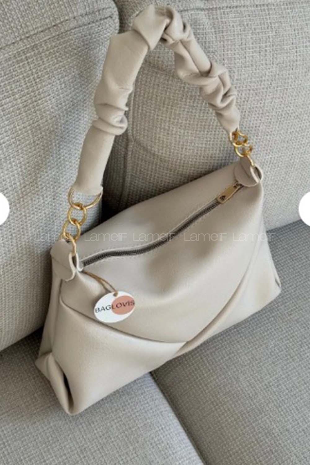 Lamelif Büzgülü Çift Askılı Kadın Omuz Çantası Krem
