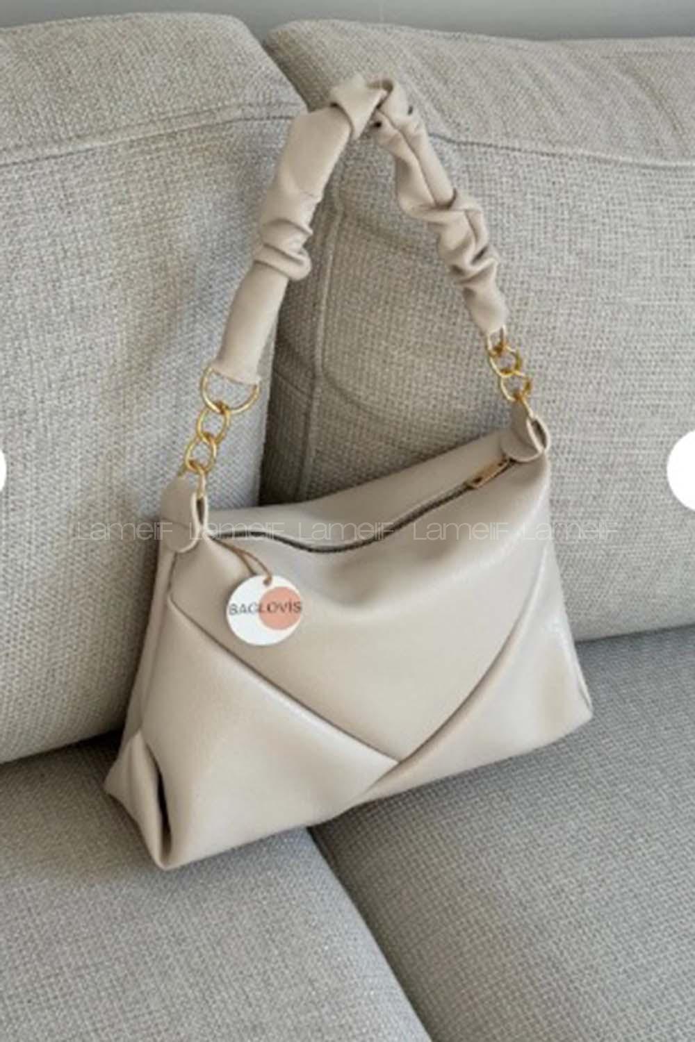 Lamelif Büzgülü Çift Askılı Kadın Omuz Çantası Krem
