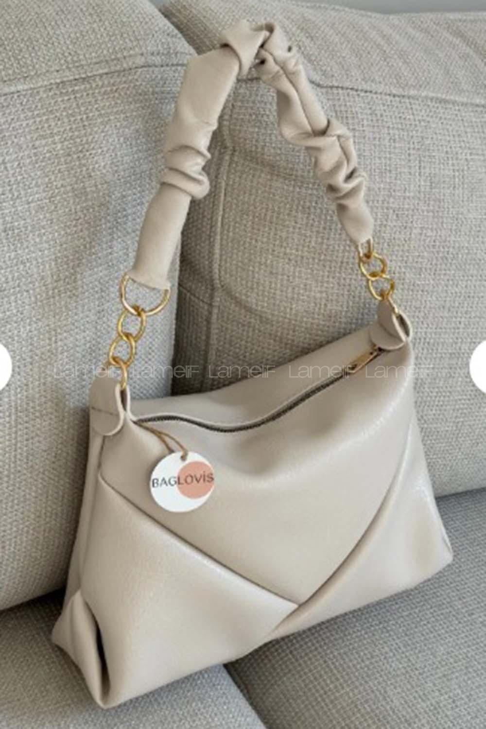 Lamelif Büzgülü Çift Askılı Kadın Omuz Çantası Krem