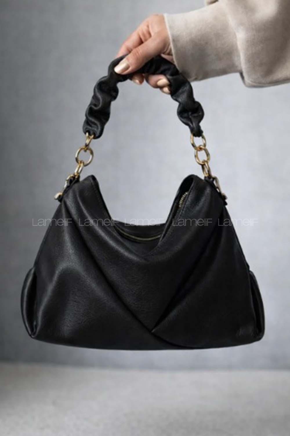 Lamelif Büzgülü Çift Askılı Kadın Omuz Çantası Siyah