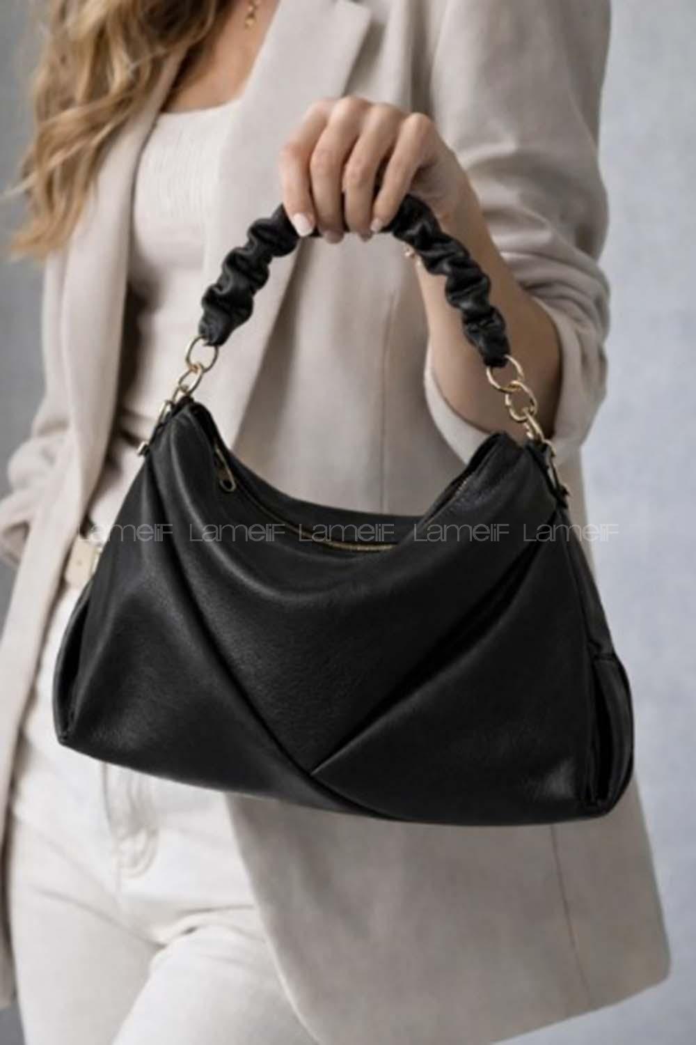 Lamelif Büzgülü Çift Askılı Kadın Omuz Çantası Siyah