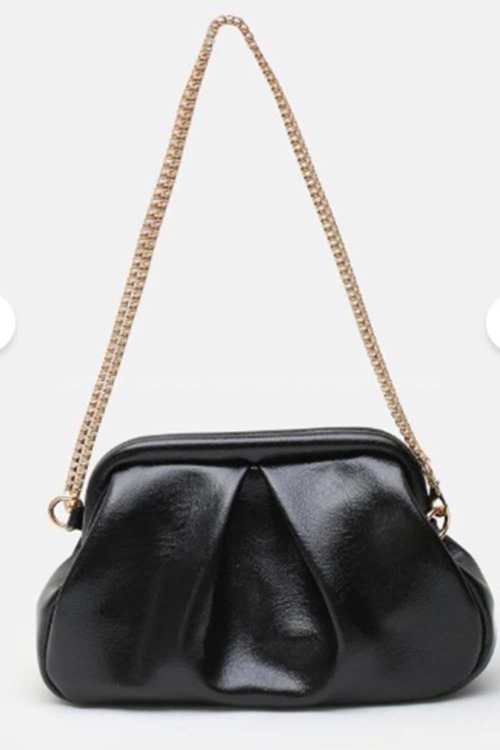 Lamelif Clutch Form Uzun Askılı Degas Kadın Çanta Parlak Siyah