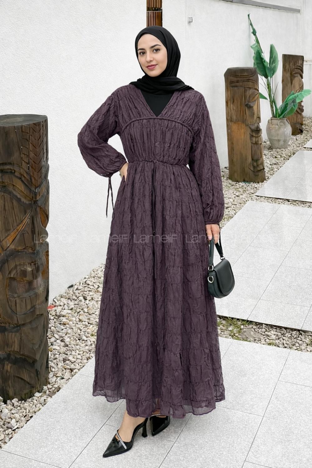 Lamelif Gofreli Bağcık Detaylı Tesettür Elbise Mürdüm