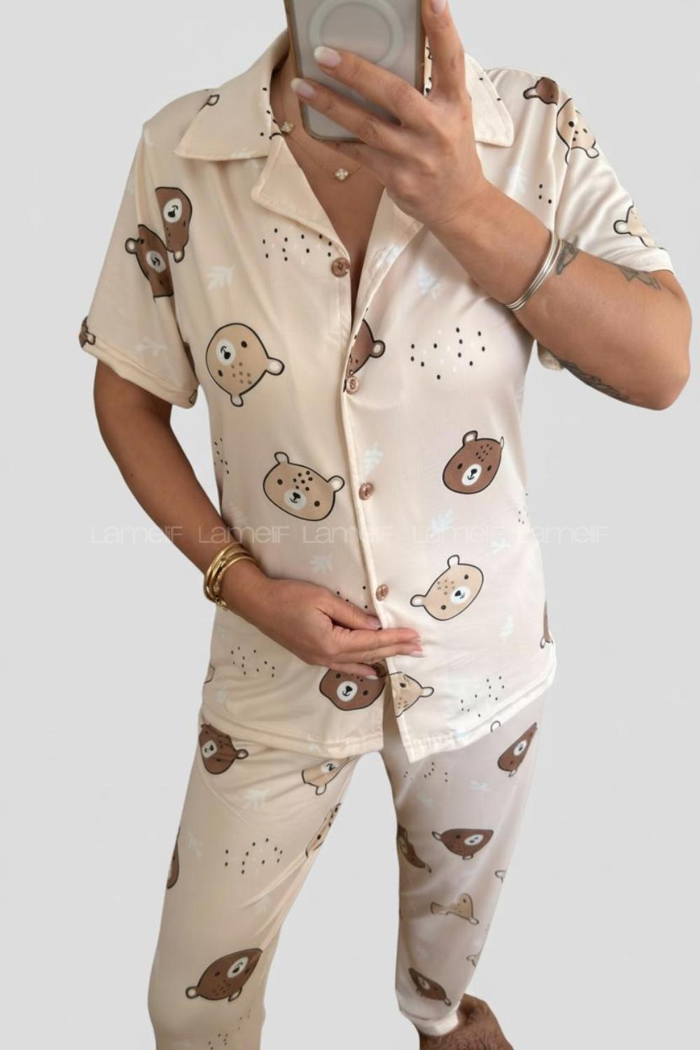 Lamelif Kadın Milan Soft Touch Ön Düğmeli Teddy Mood Pijama Takımı