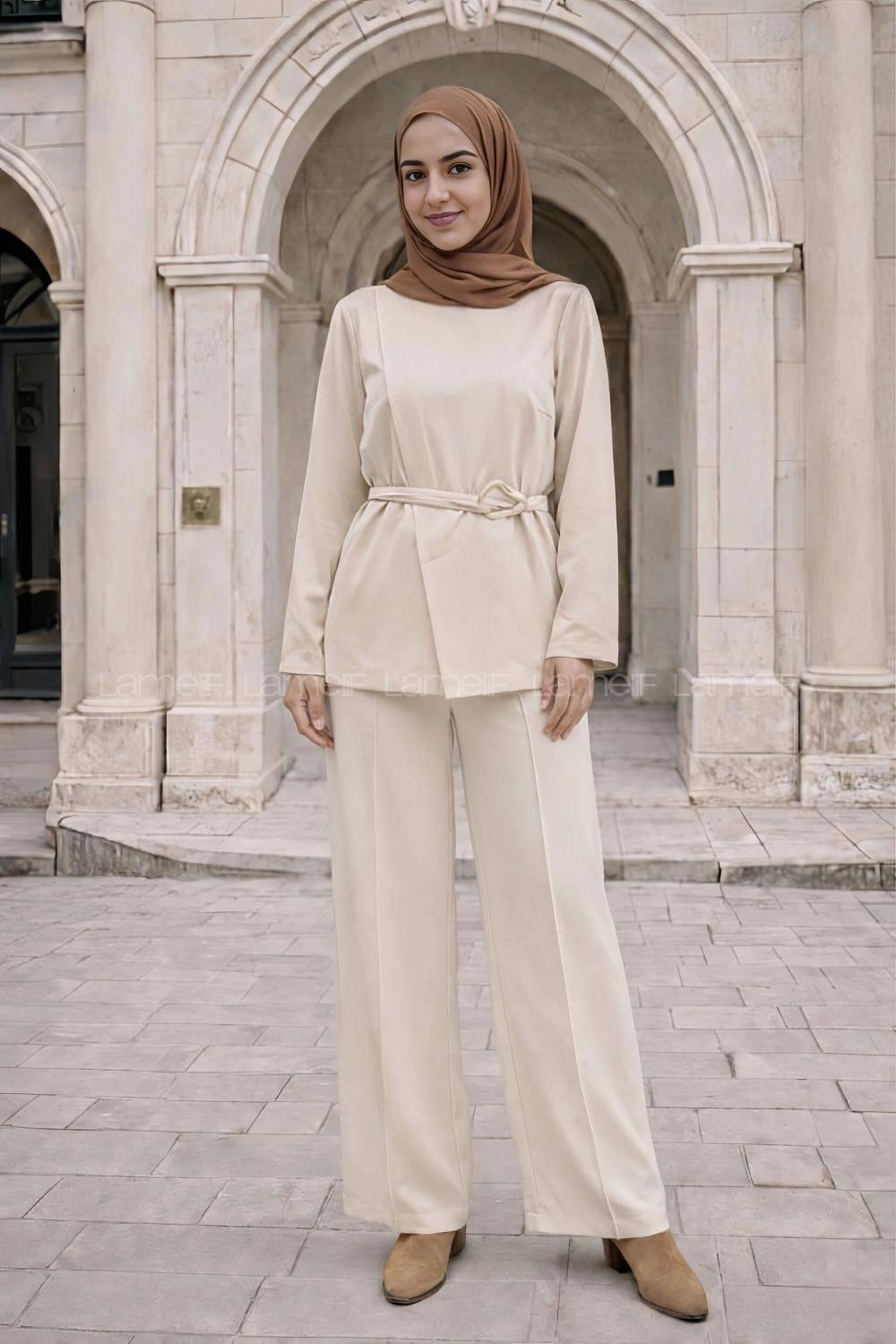 Cream Neckband Long Arm Elastan Polyester Regular Trousers Comfortable Suit