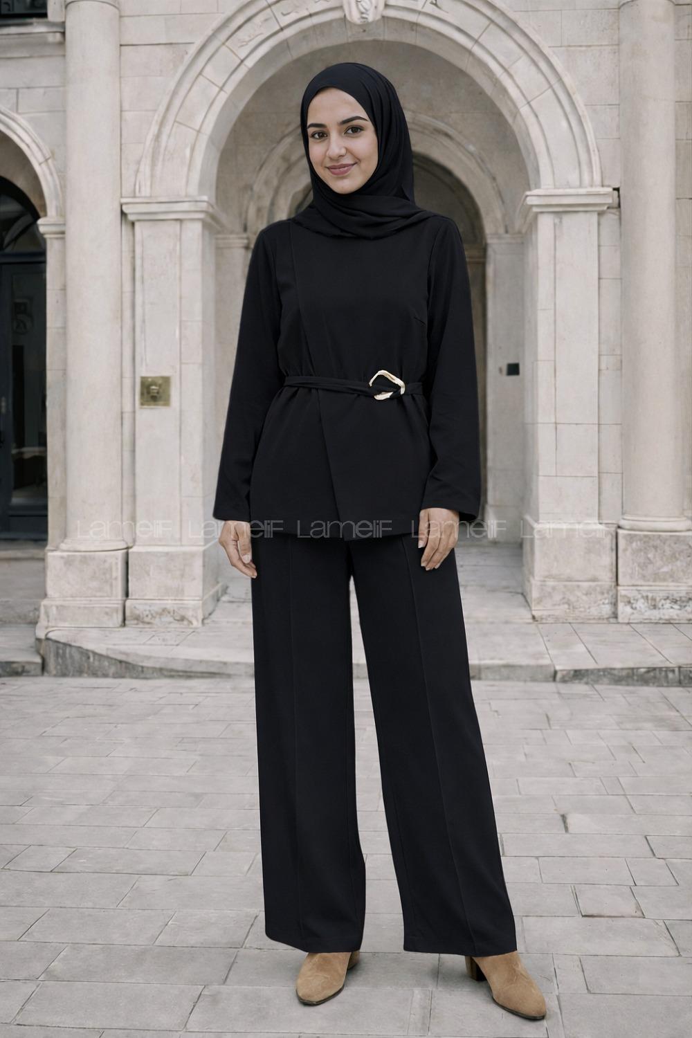Black Neckband Long Arm Elastan Polyester Regular Trousers Comfortable Suit