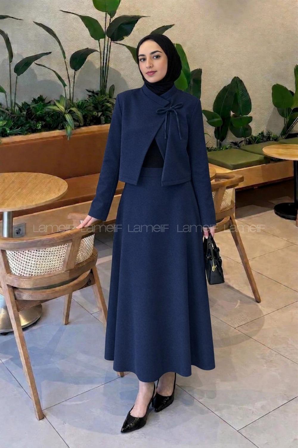 Lamelif Yaka Bağlama Detaylı Ceket-Etek Takım Lacivert