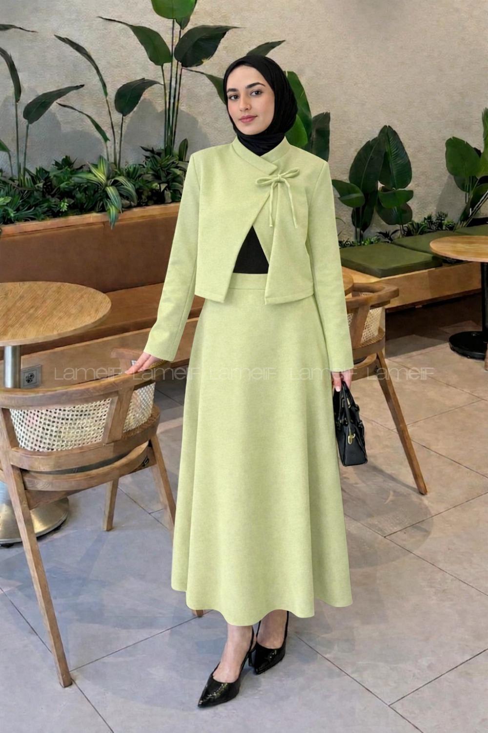 Lamelif Yaka Bağlama Detaylı Ceket-Etek Takım Mint Yeşili