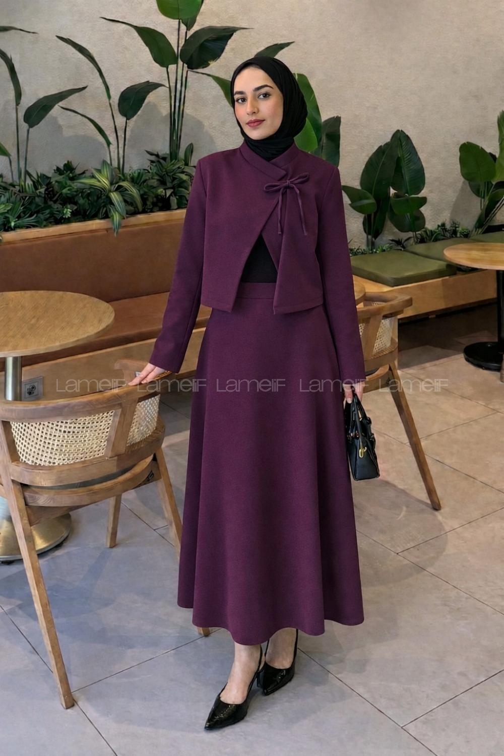 Lamelif Yaka Bağlama Detaylı Ceket-Etek Takım Mürdüm