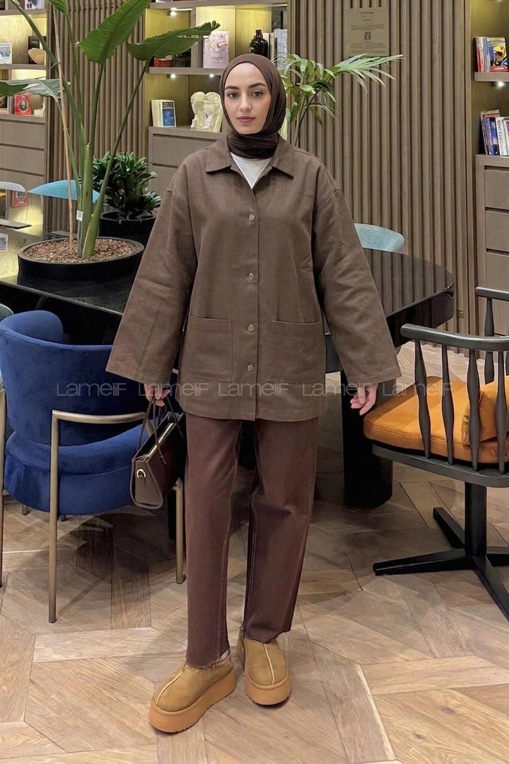 Lamelif Metal Düğme Kapama Oversize Ceket Kahverengi