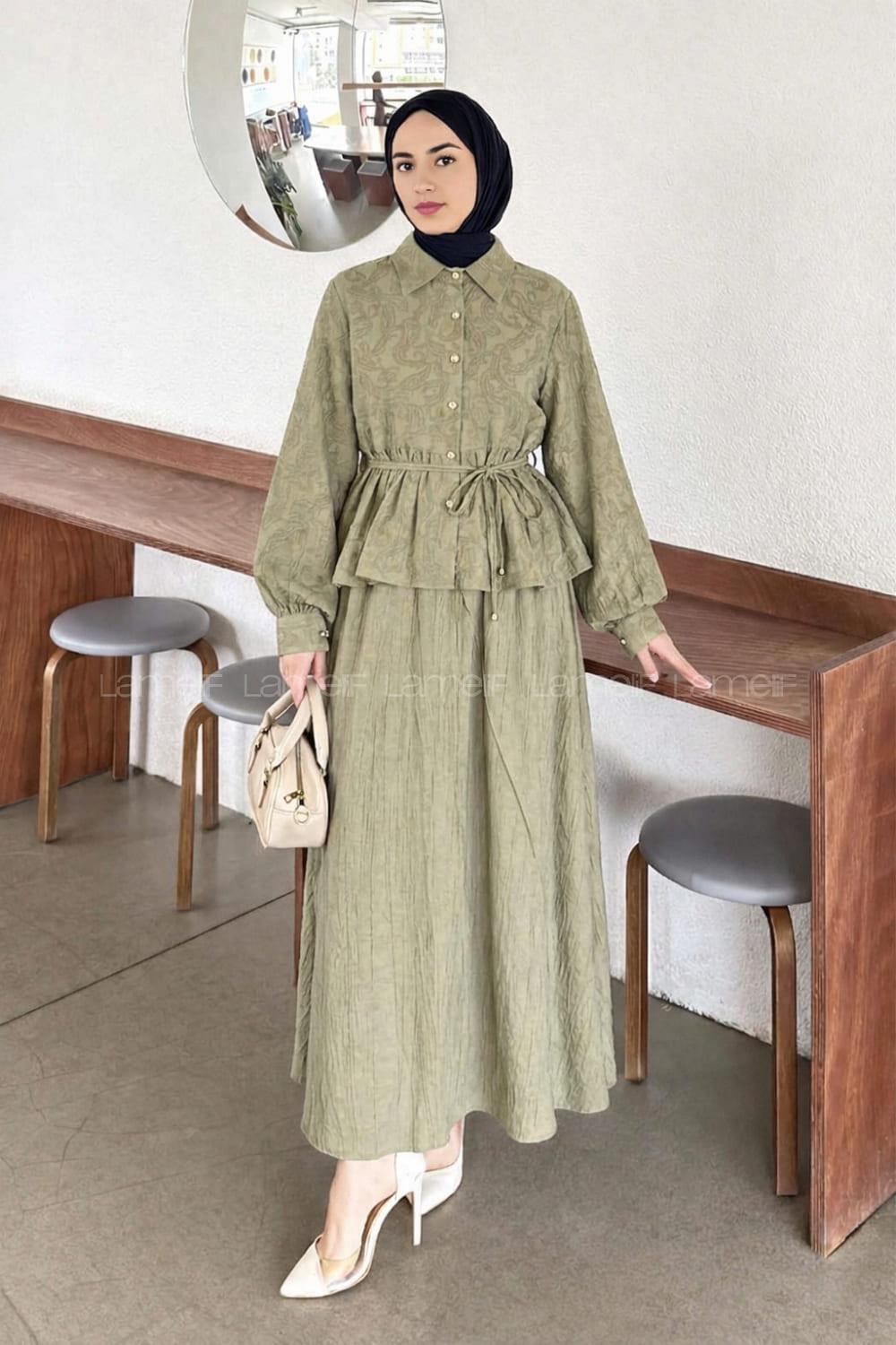 Lamelif Bağlama Detaylı Desenli Tesettür Takım Çağla Yeşili