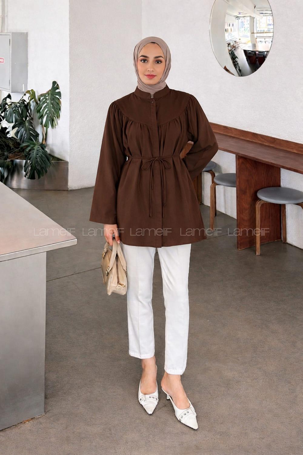 Lamelif Bağlama Detaylı Tesettür Gömlek Acı Kahve