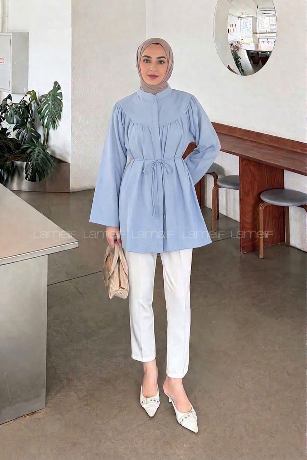 Lamelif Bağlama Detaylı Tesettür Gömlek Bebe Mavisi