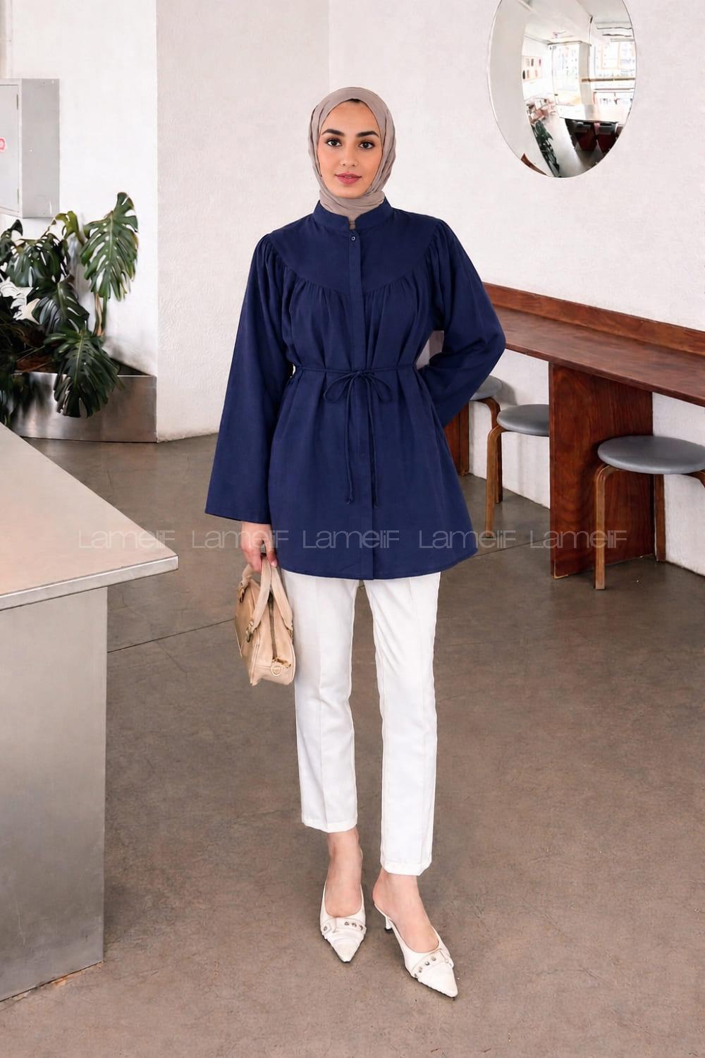 Lamelif Bağlama Detaylı Tesettür Gömlek Lacivert