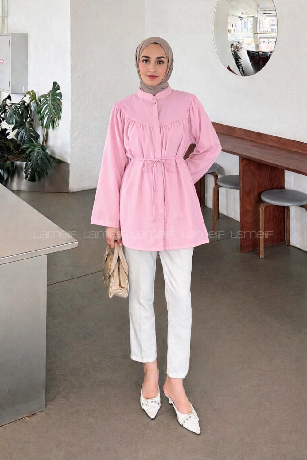 Lamelif Bağlama Detaylı Tesettür Gömlek Pembe
