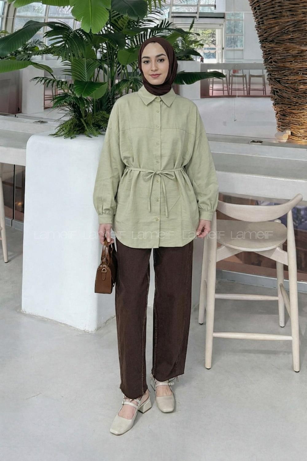 Oil Green Shirt Collar Long Arm Cotton Unprinted Shirt