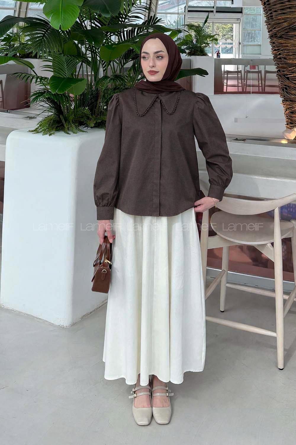 Lamelif Bebe Yaka Dantel Dikişli Gömlek Acı Kahve