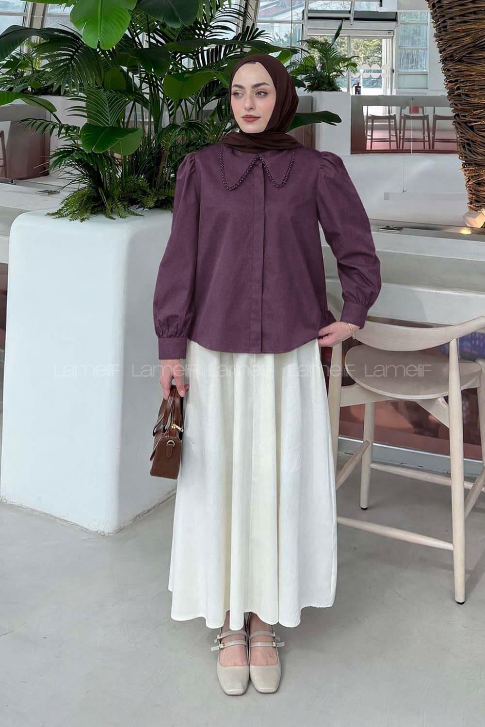 Lamelif Bebe Yaka Dantel Dikişli Gömlek Mürdüm