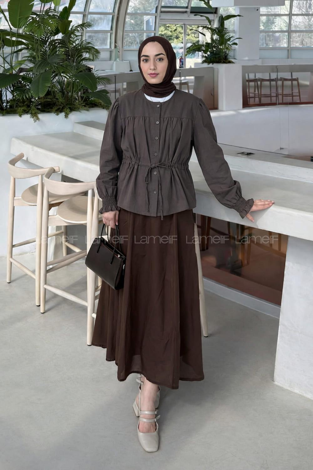 Bitter Brown Crew Neck Long Arm Viscose Fabric Unprinted Shirt