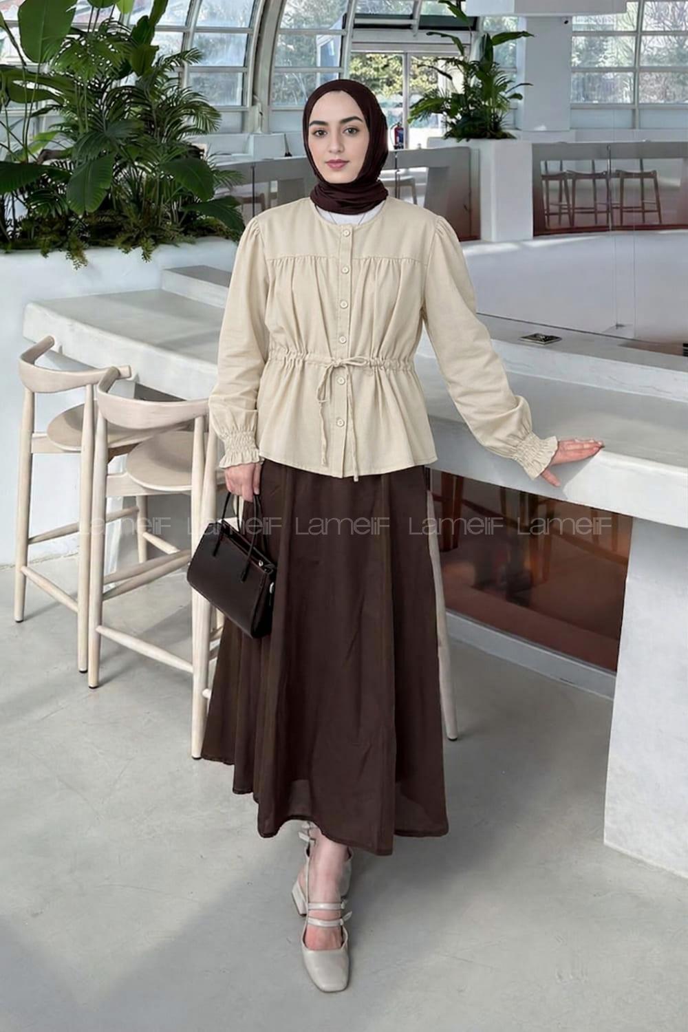 Beige Crew Neck Long Arm Viscose Fabric Unprinted Shirt