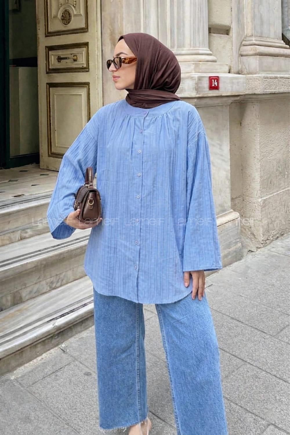 Lamelif Çizgi Detaylı Oversize Tesettür Gömlek Bebe Mavisi
