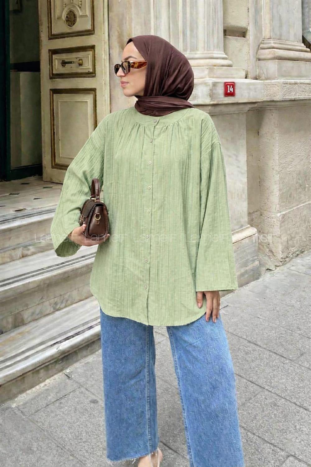 Lamelif Çizgi Detaylı Oversize Tesettür Gömlek Çağla Yeşili