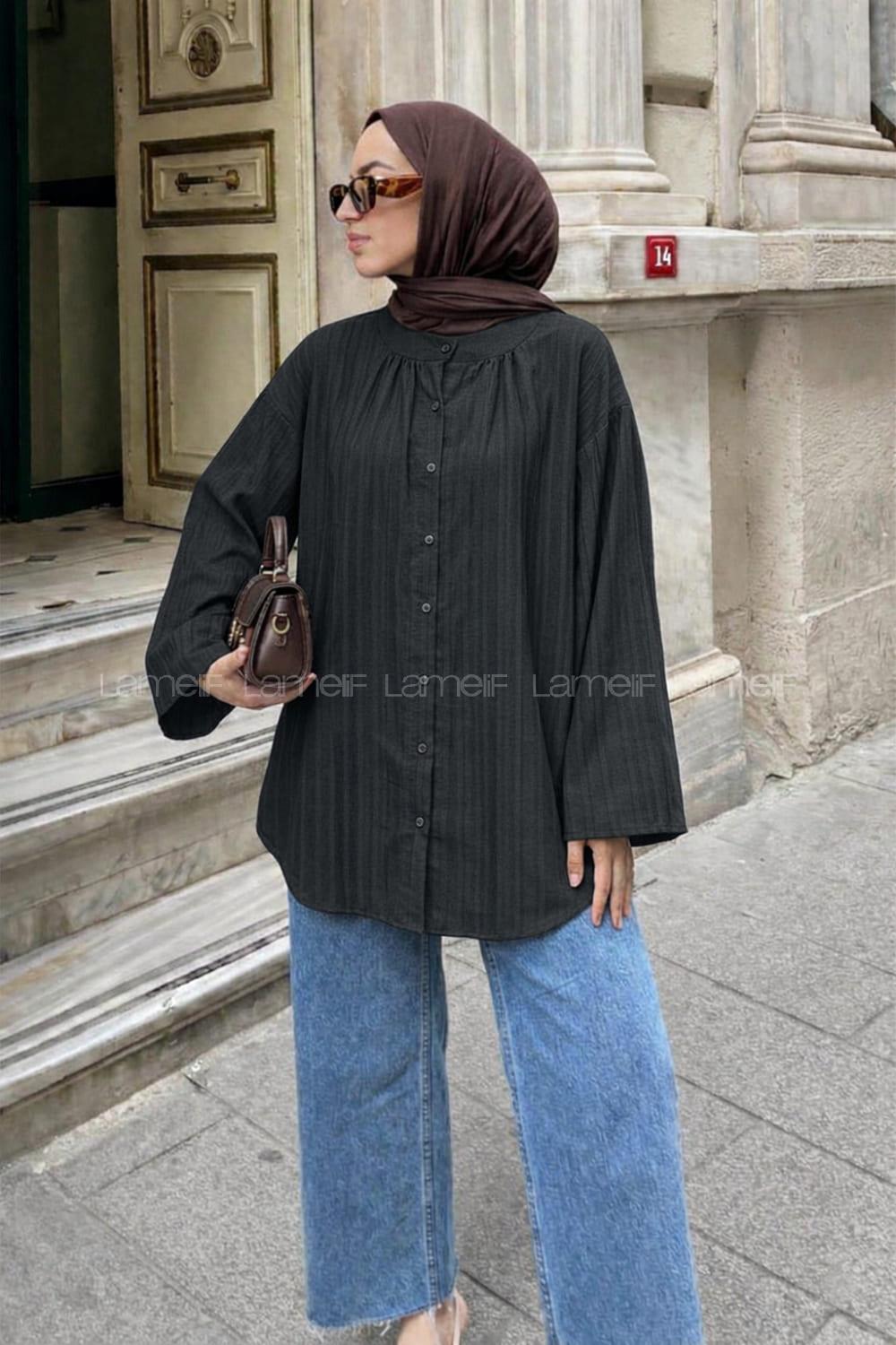 Lamelif Çizgi Detaylı Oversize Tesettür Gömlek Siyah