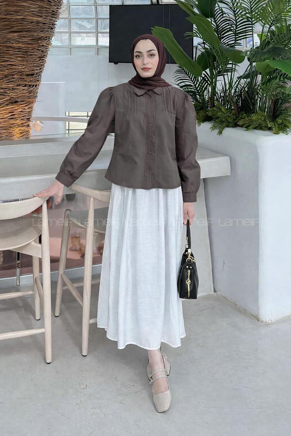 Lamelif Dantel Dikişli Gömlek Acı Kahve