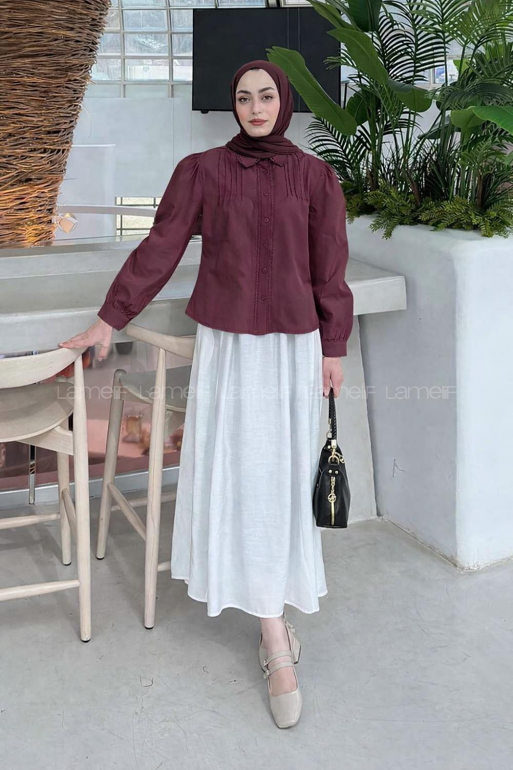 Lamelif Dantel Dikişli Gömlek Mürdüm