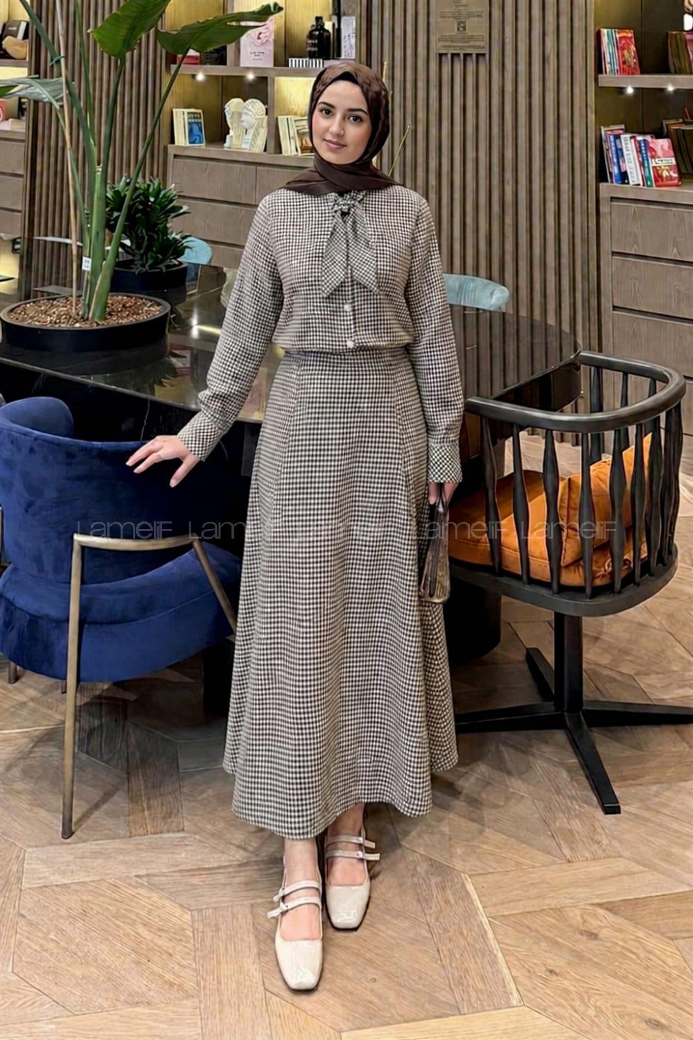 Lamelif Ekose Desen Kravat Yaka Takım Siyah