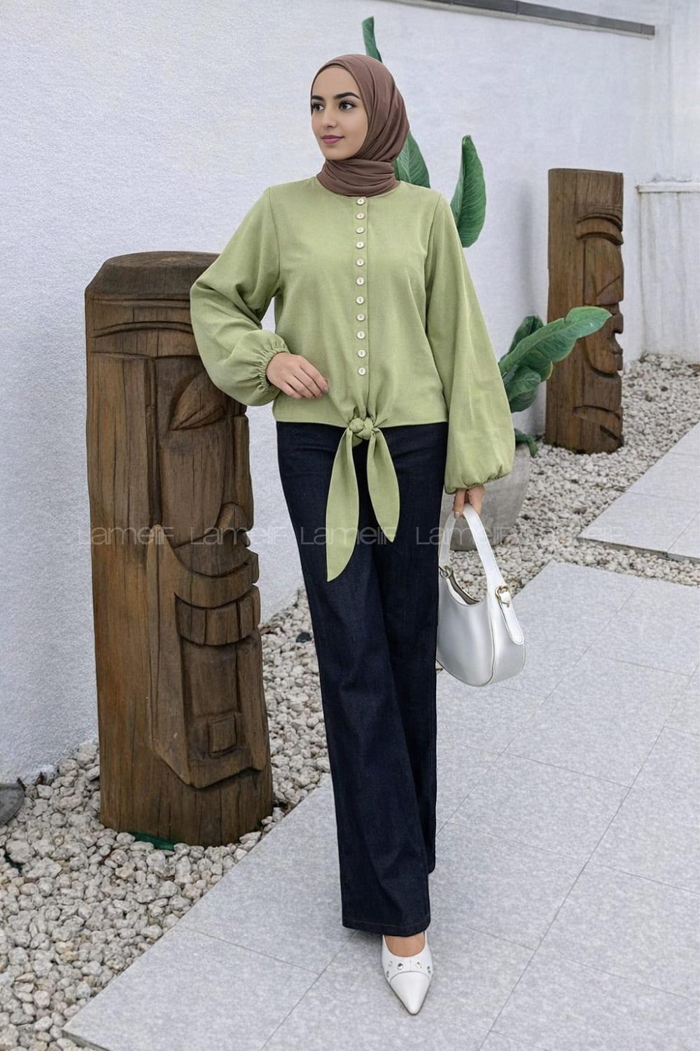 Lamelif Etek Ucu Bağlama Detaylı Balon Kol Gömlek Çağla Yeşili