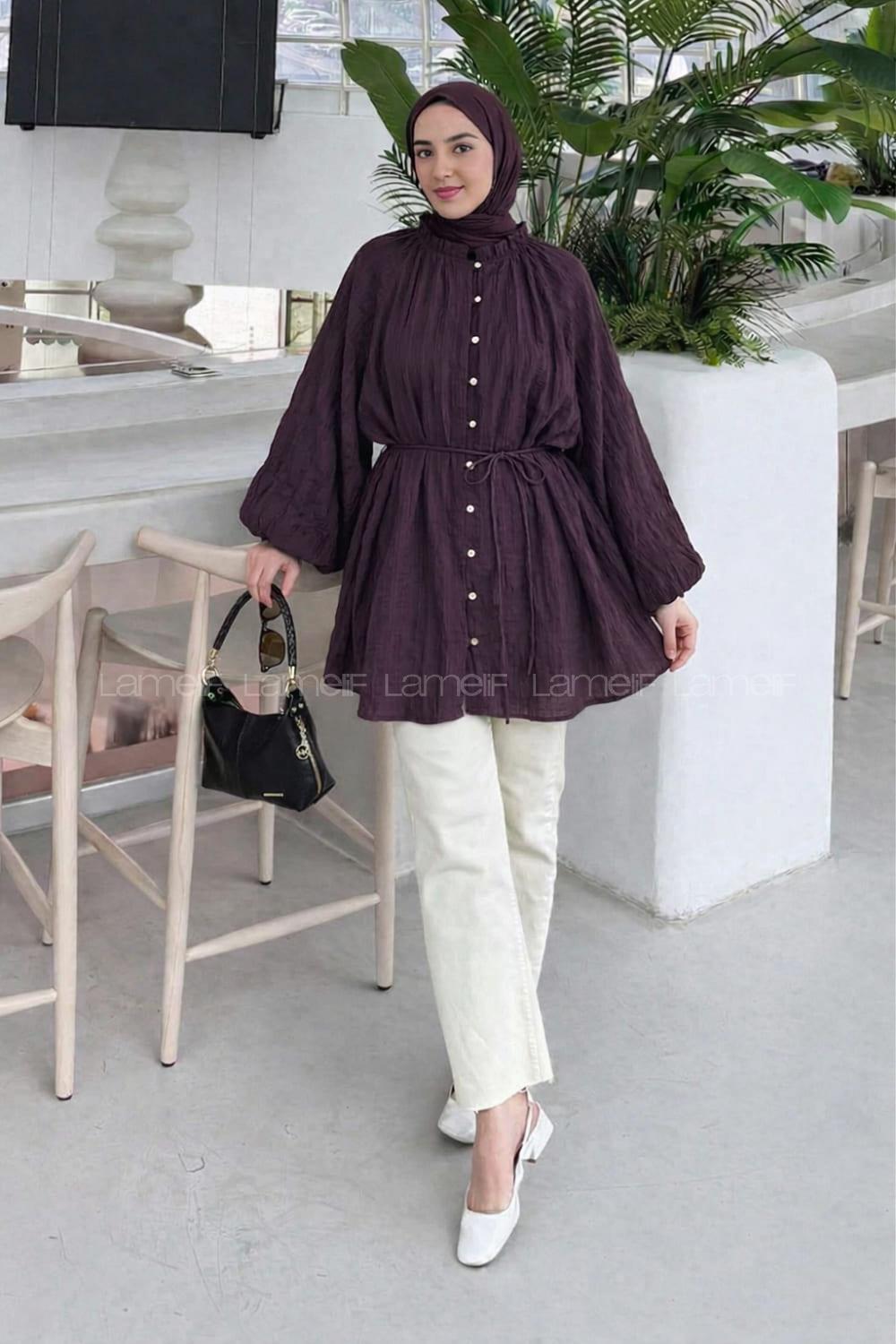 Lamelif Fırfır Yaka Krinkle Tunik Mürdüm