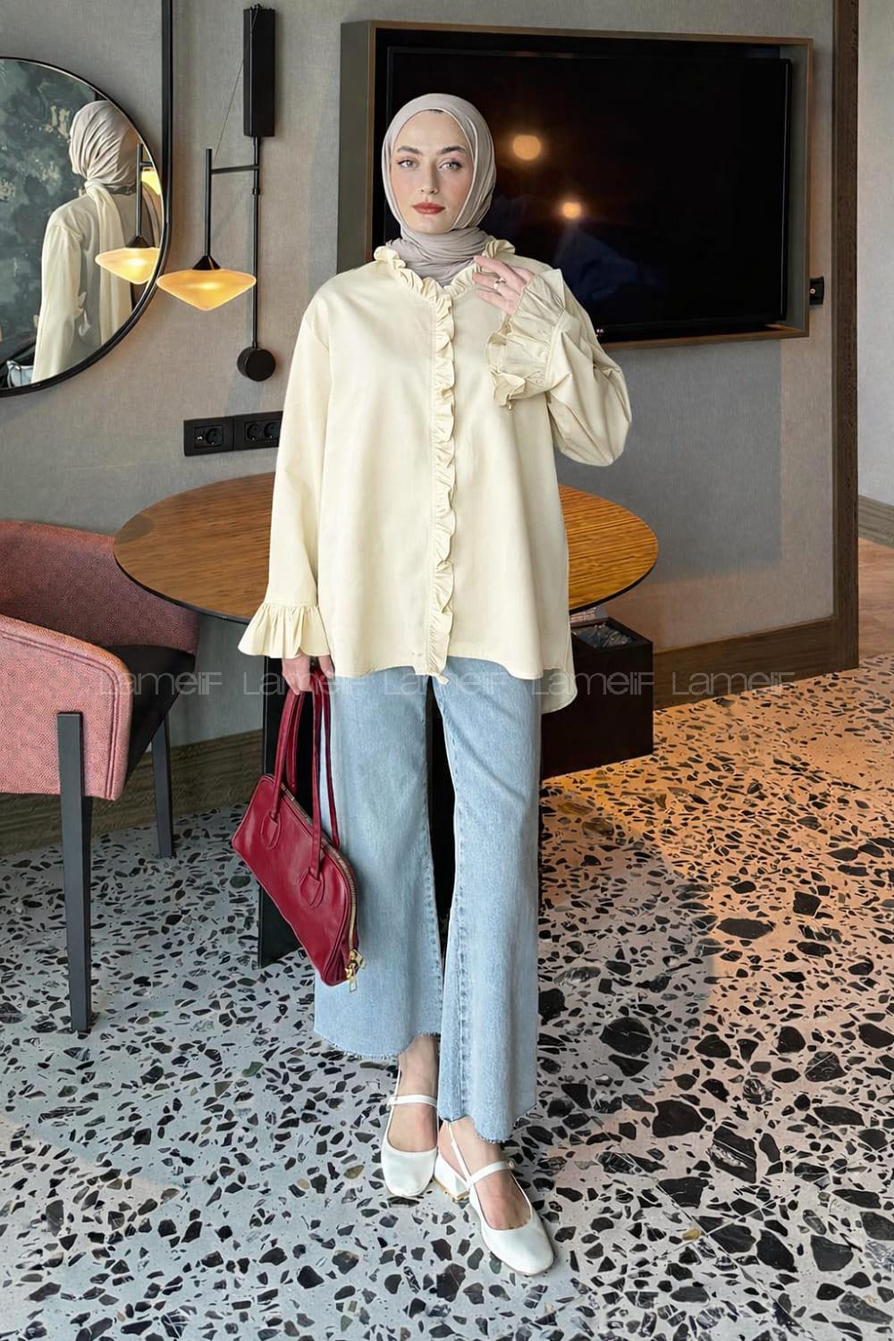 Lamelif Fırfırlı Gömlek Bej