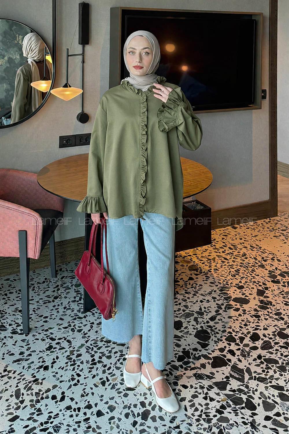 Lamelif Fırfırlı Gömlek Haki