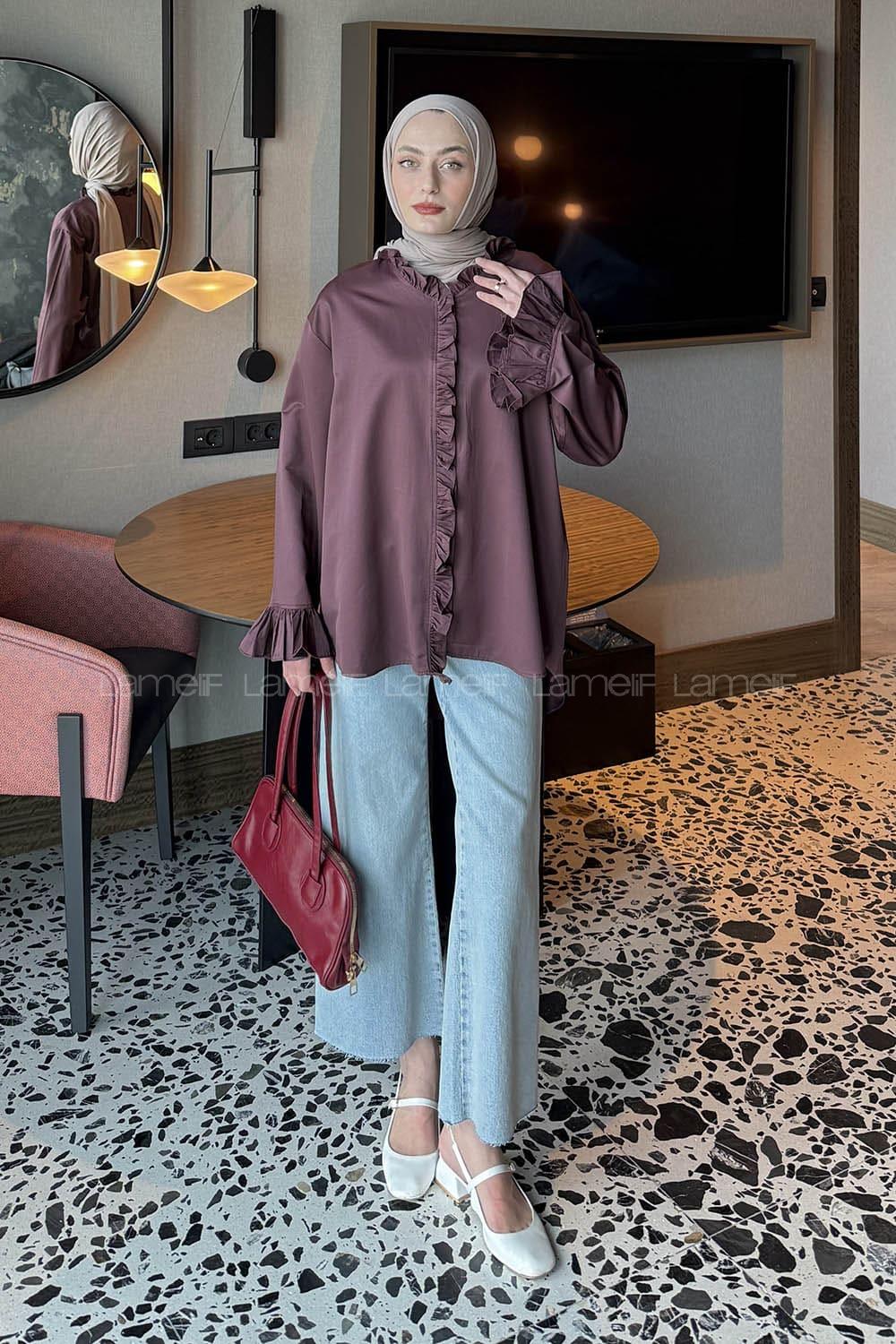 Lamelif Fırfırlı Gömlek Mürdüm