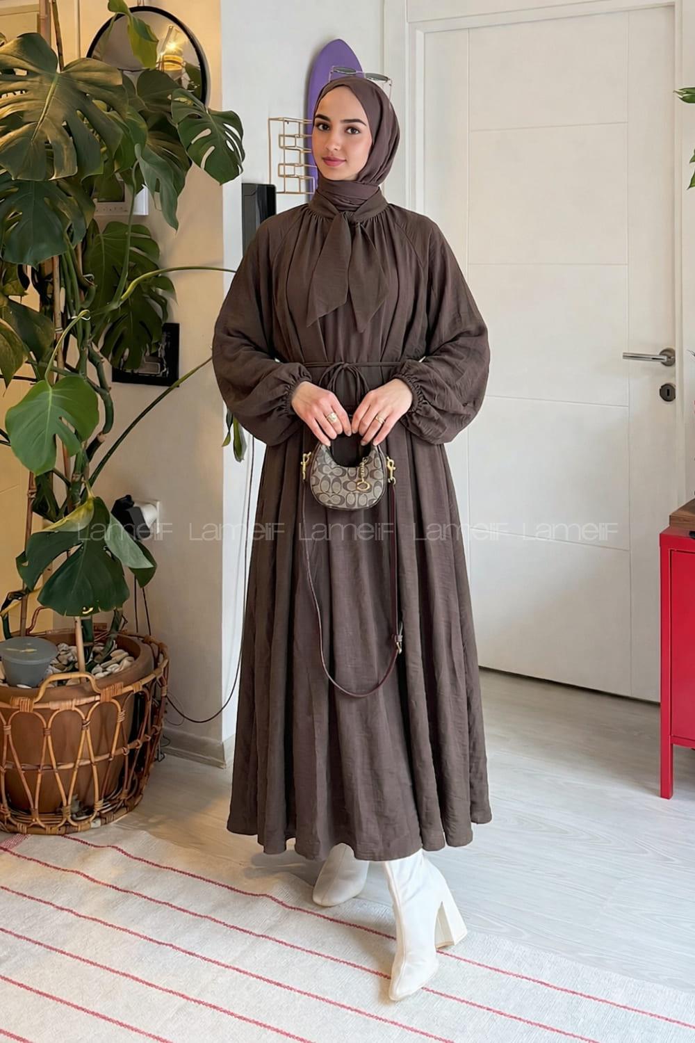 Brown Foulard Neck Unprinted Dresess