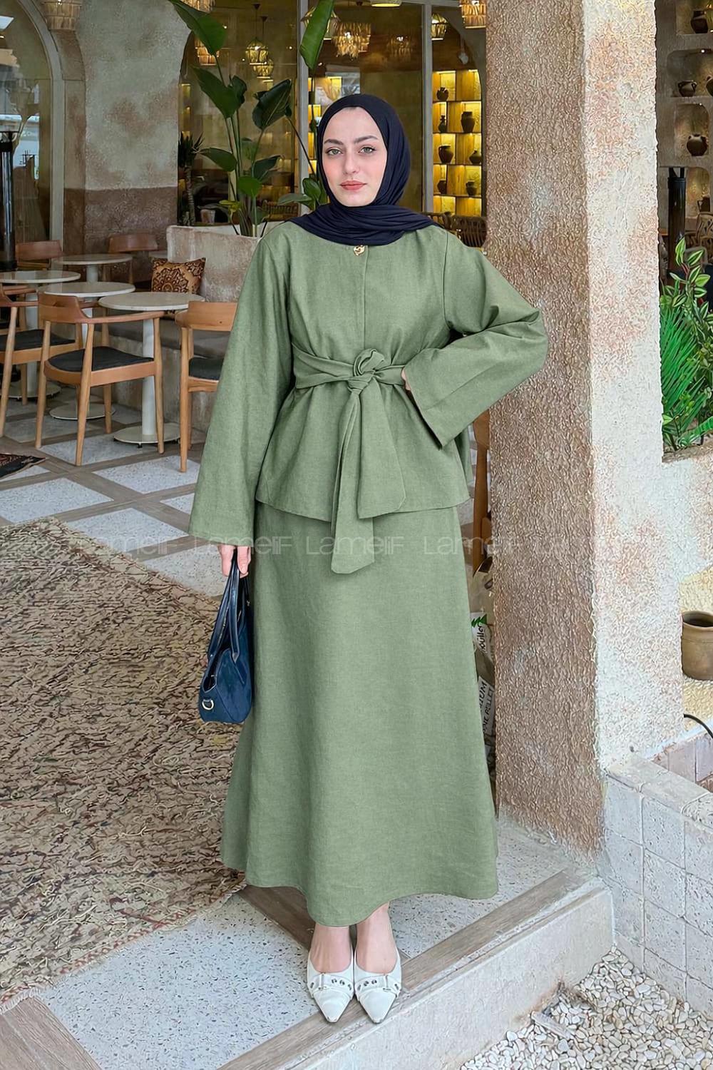 Lamelif Gold Düğmeli Etekli Takım Haki