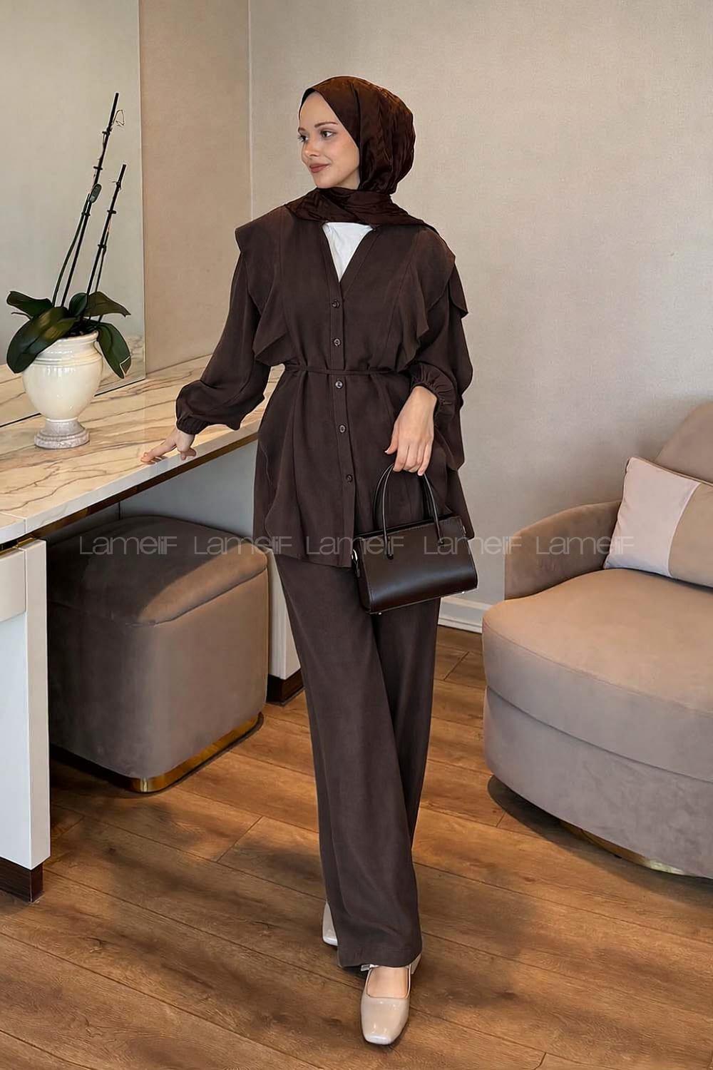 Lamelif Kolu Fırfırlı Takım Acı Kahve