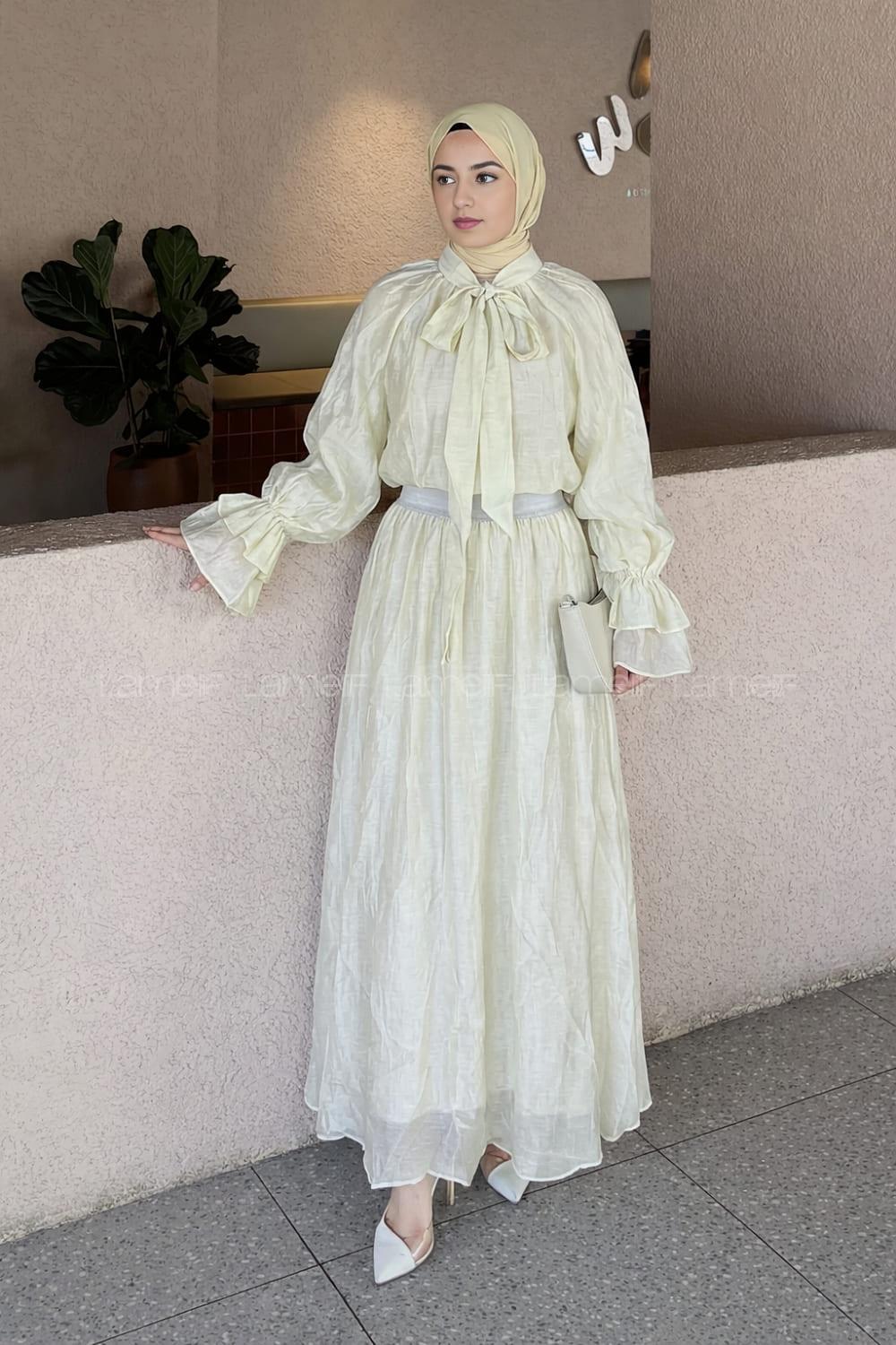 Lamelif Yakası Bağlama Detaylı Etekli Takım Mint Yeşili