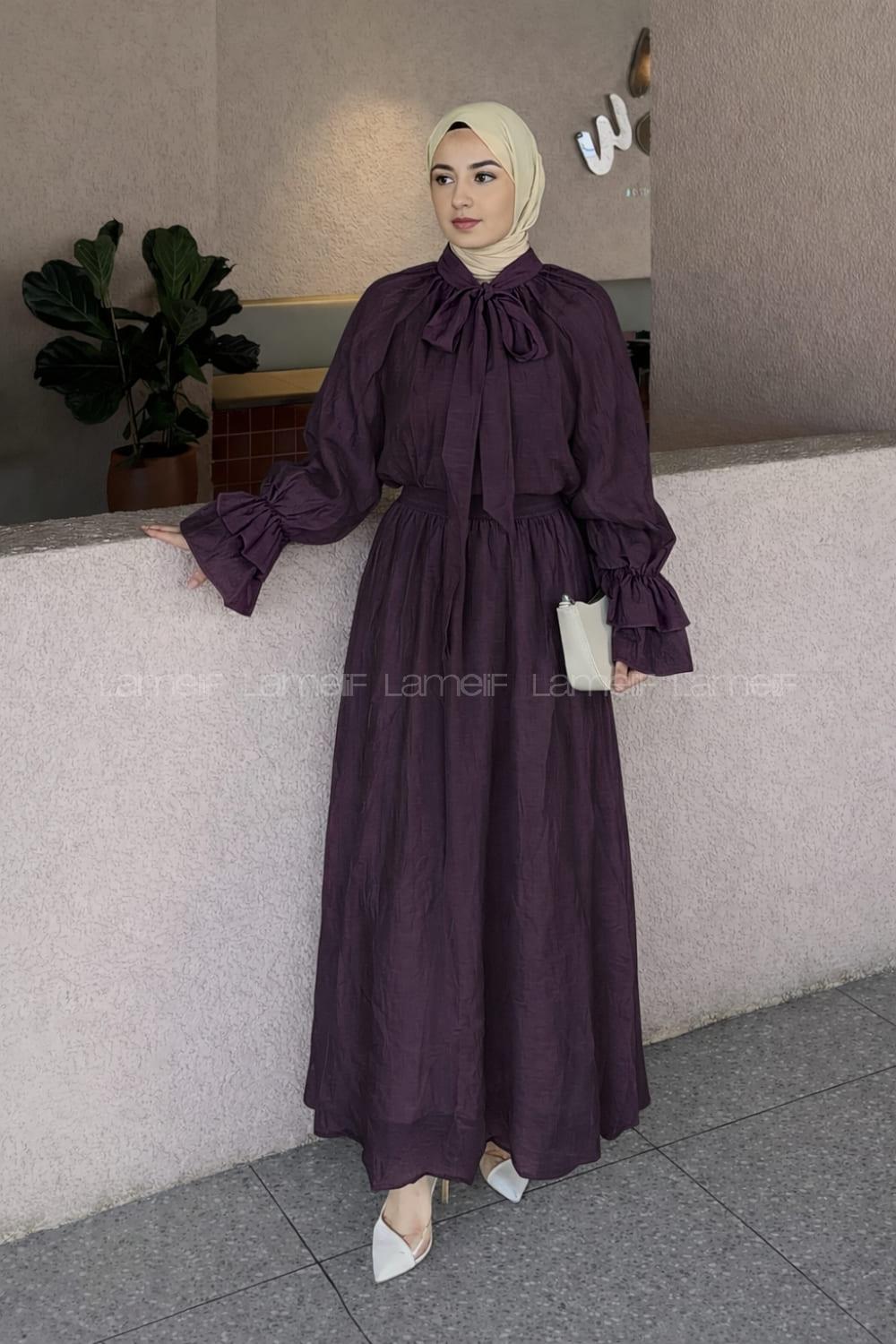 Lamelif Yakası Bağlama Detaylı Etekli Takım Mürdüm