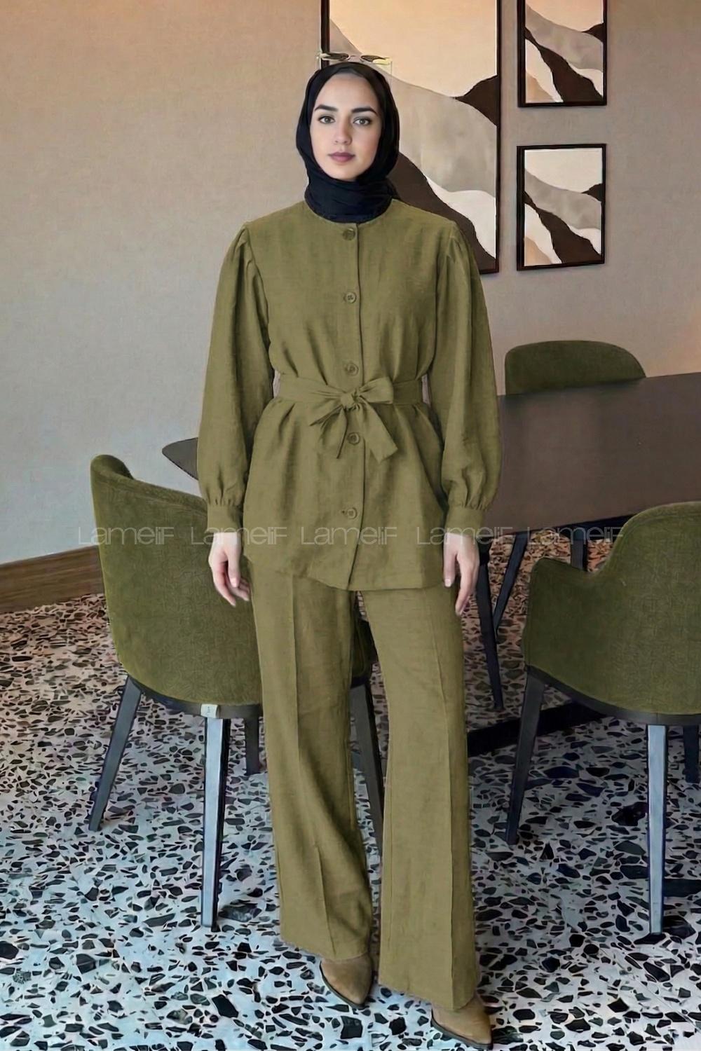 Khaki Crew Neck Long Arm Linen Regular Trousers Comfortable Suit