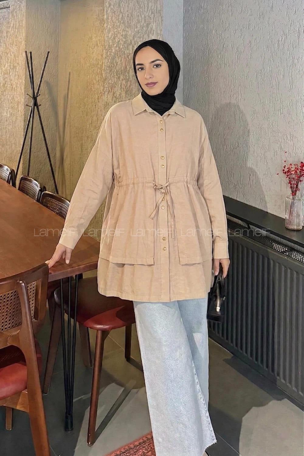 Lamelif Beli Büzgülü Düğme Detaylı Gömlek Bej