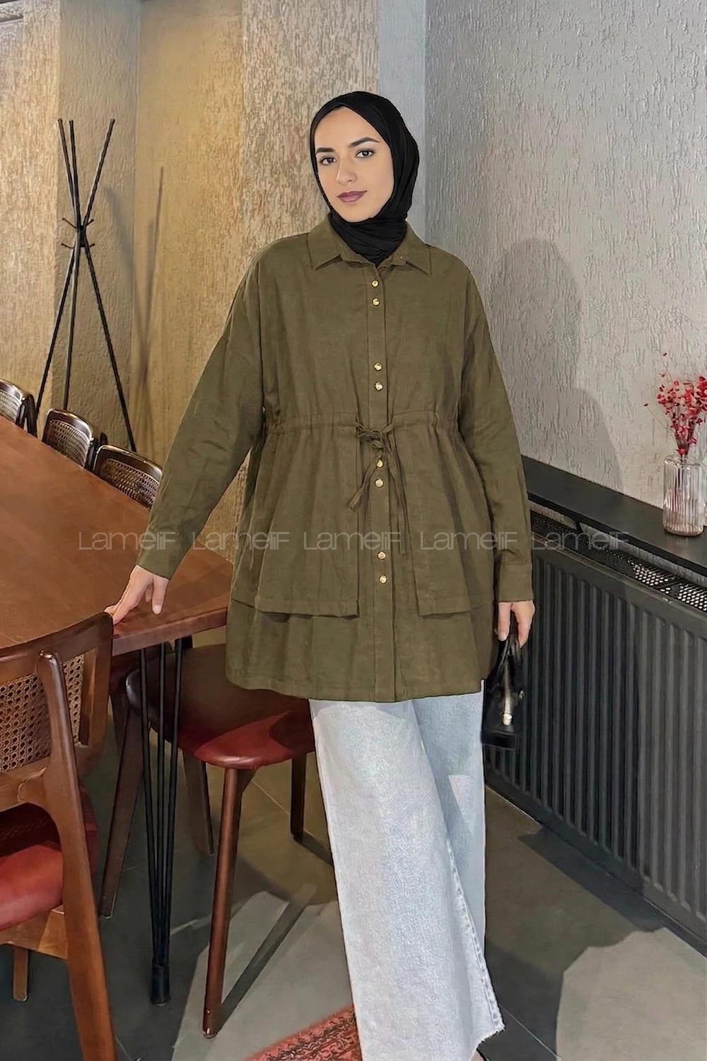 Lamelif Beli Büzgülü Düğme Detaylı Gömlek Haki