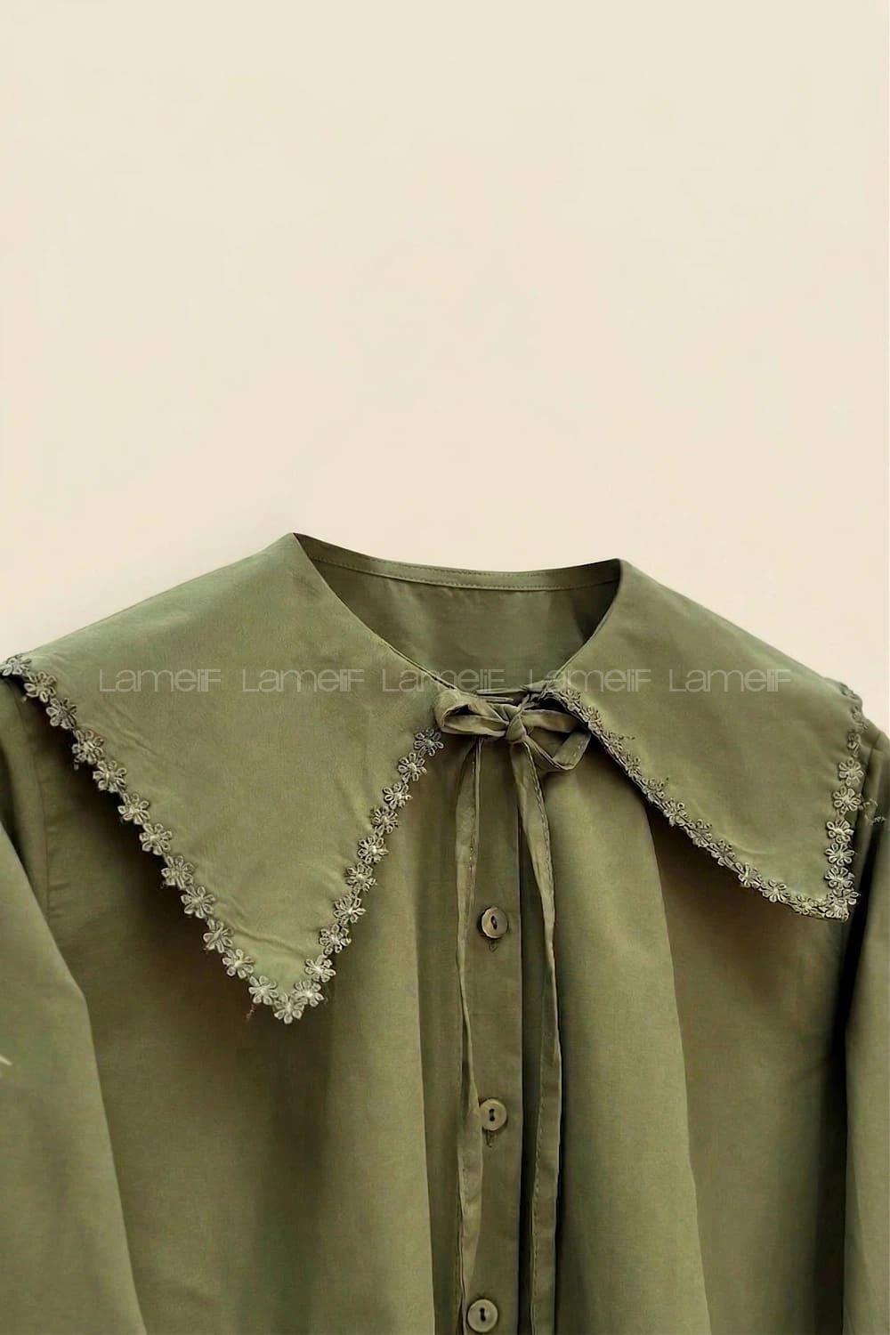 Lamelif Çiçek Detaylı Bebe Yaka Gömlek Acı Kahve